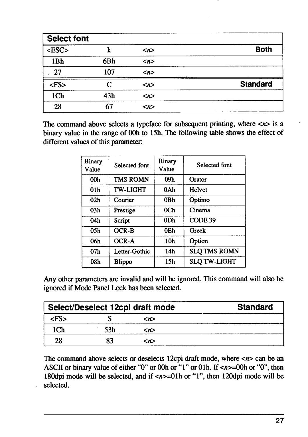 Star Micronics XB24-15, XB24-10 user manual Select font, Both, Select/Deselect 12cpi draft mode, Standard 