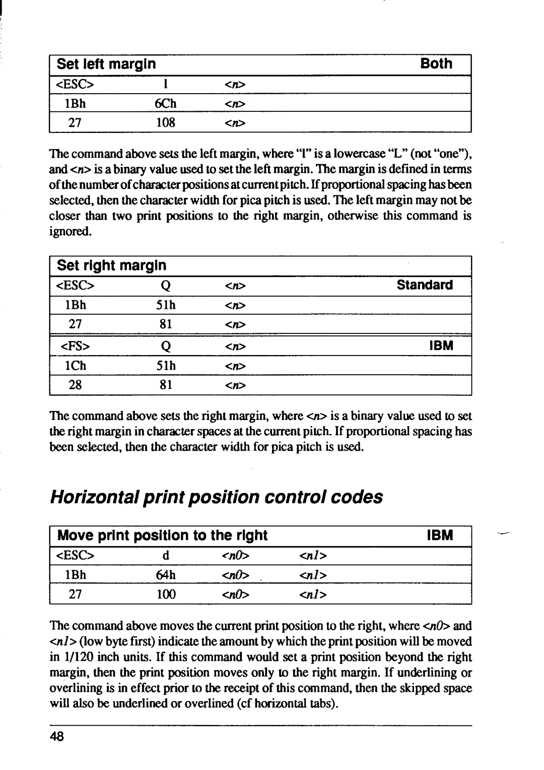 Star Micronics XB24-10 Horizontal print position control codes, 1Set left margin, Both, Set right margin, Standard 