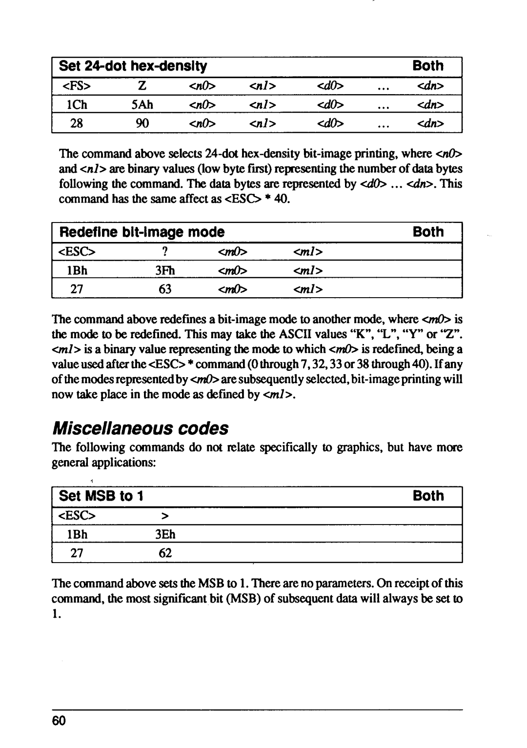 Star Micronics XB24-10 Miscellaneous codes, Set 24-dot hex-density, Both, Redefine bit-image mode, Set MSB to, cESC 