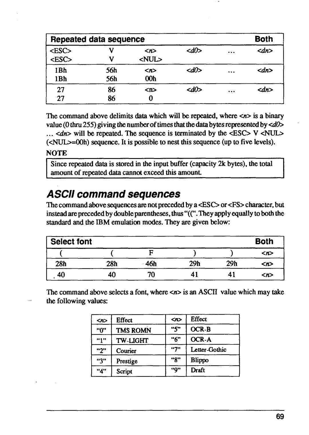 Star Micronics XB24-15, XB24-10 user manual ASCII command sequences, Repeated data sequence, Both, Select font 