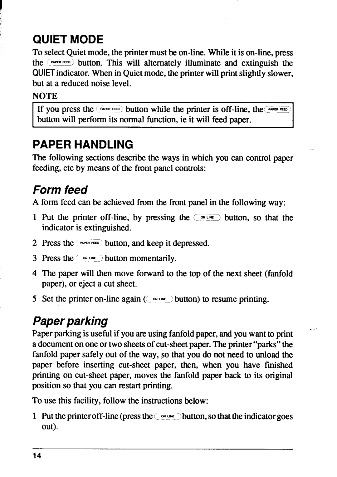 Star Micronics XB24-10, XB24-15 user manual Quiet Mode, Paper Handling, Form feed, Paper parking 