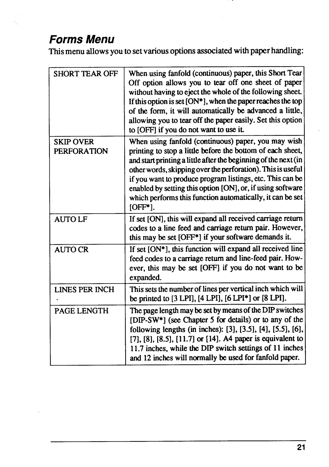 Star Micronics XB24-15, XB24-10 Forms Menu, Short Tear OFF, Skip Over, Perforation, Auto LF Auto CR Lines PER Inch Length 