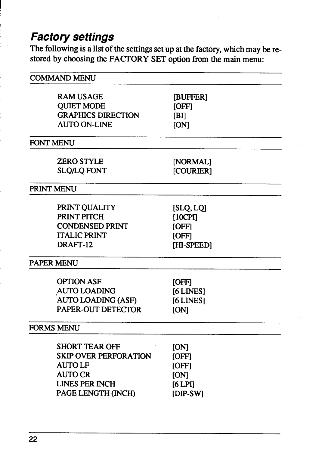 Star Micronics XB24-10, XB24-15 user manual Factory settings 