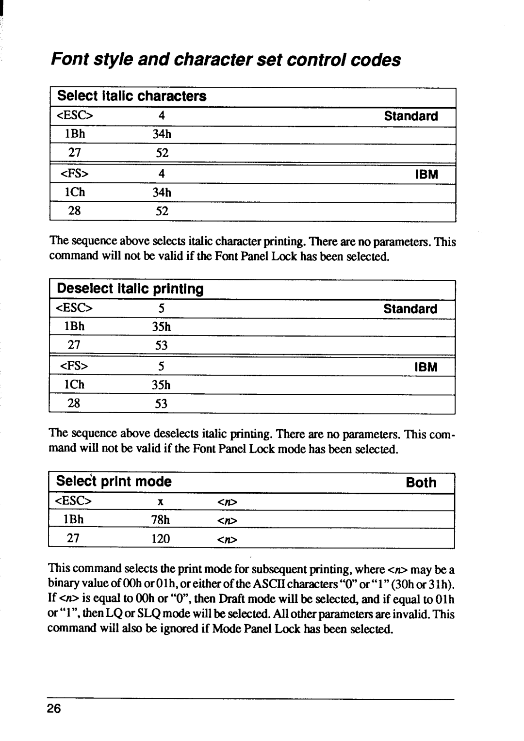 Star Micronics XB24-10, XB24-15 Font style and character set control codes, Select italic characters, Deselect, Standard 