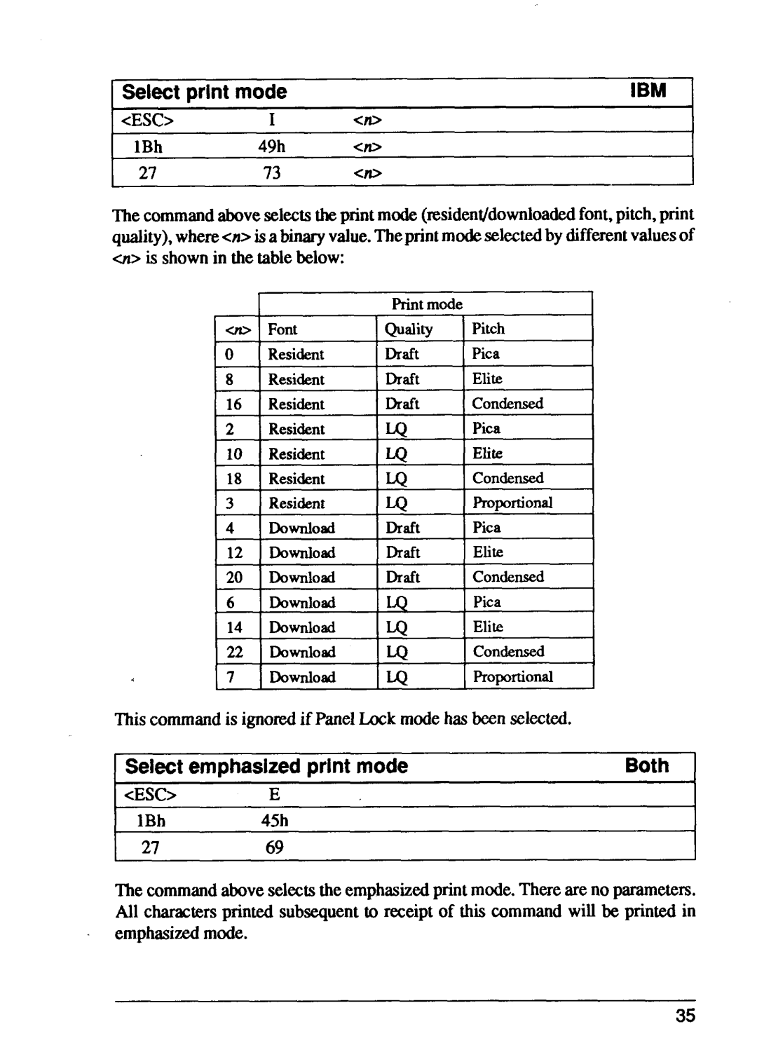 Star Micronics XB24-15, XB24-10 user manual Select print mode, Select emphasized print mode, Escicid, Esce 