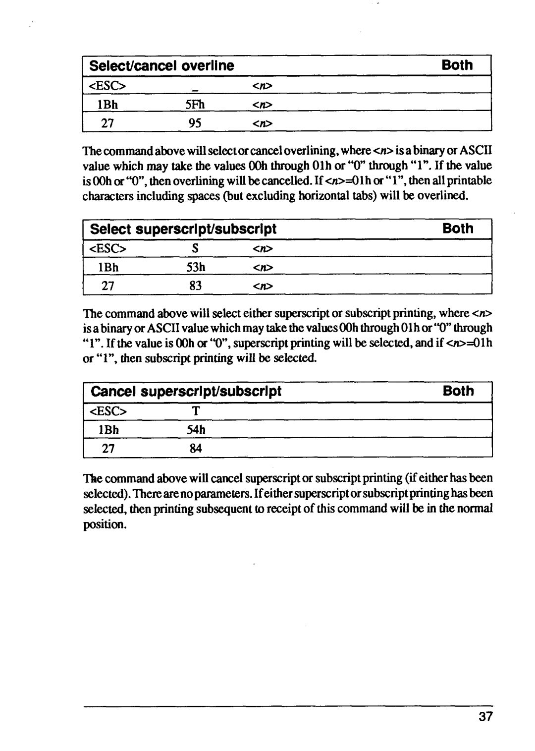 Star Micronics XB24-15 Selectkancel overline Both, 1Select superscript/subscript Both, Cancel superscript/subscript 