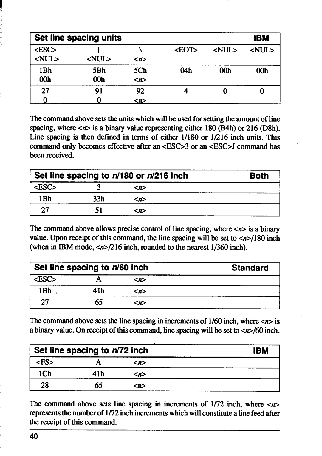 Star Micronics XB24-10 Set line spacing units, Set line spacing to 11480 or n/216 inch Both, Set line spacing to rd60 inch 