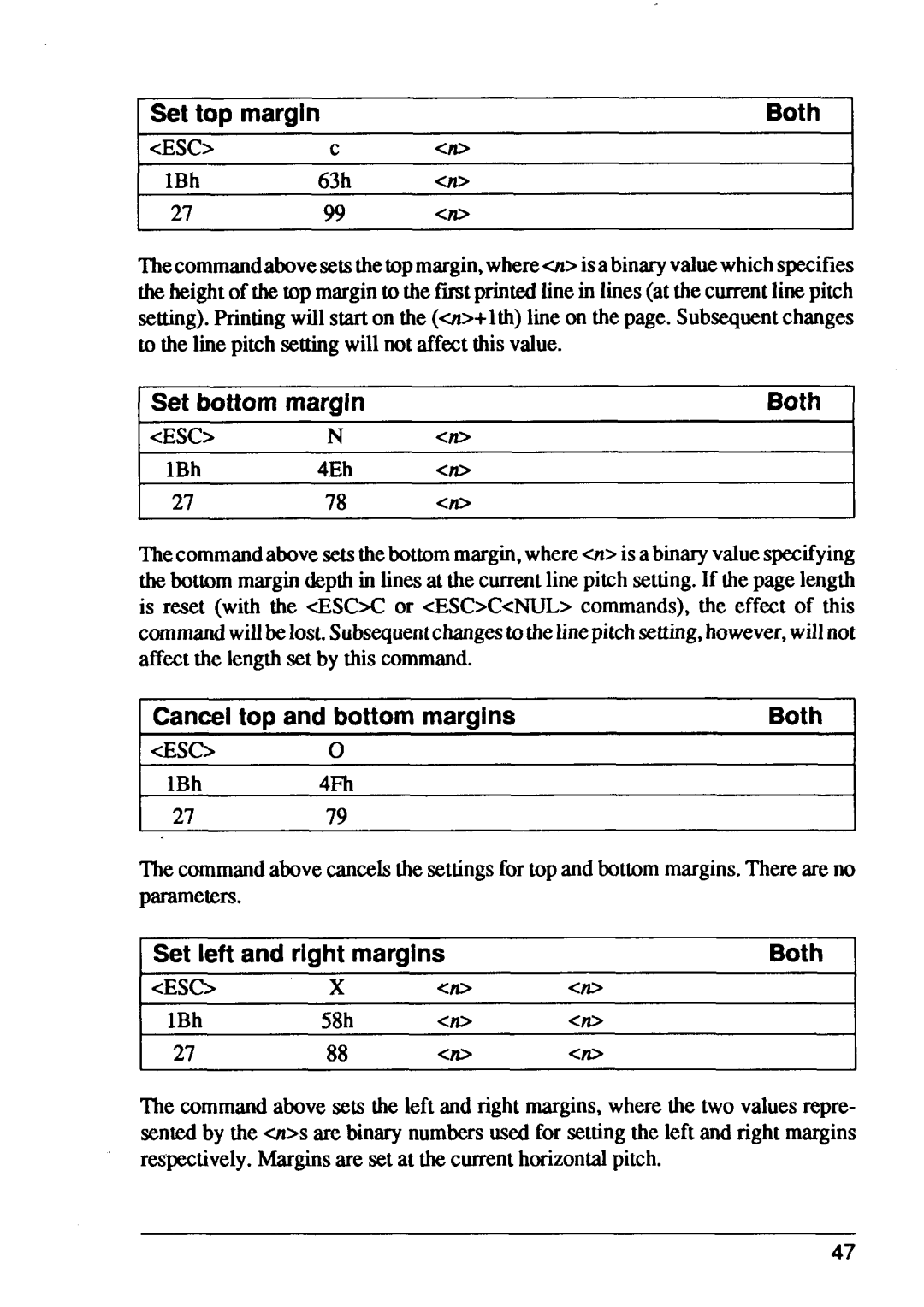 Star Micronics XB24-15, XB24-10 user manual Set top margin Both, Set bottom margin, Cancel top and bottom margins 