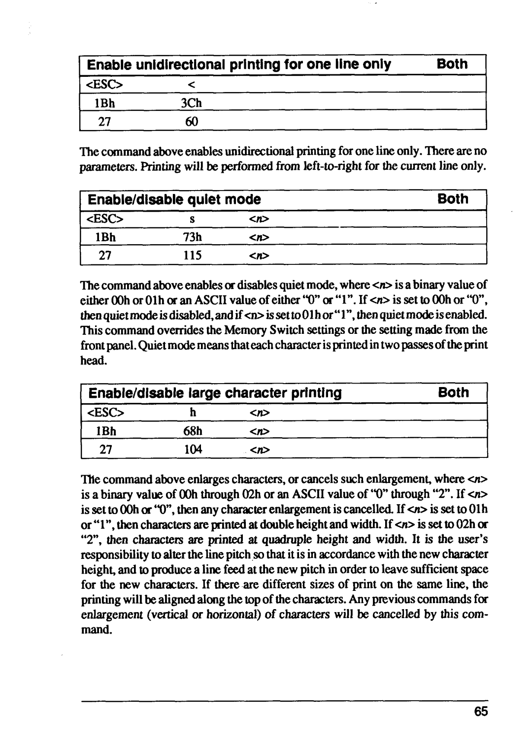 Star Micronics XB24-15, XB24-10 Enable unidirectional prlntlng for one line only Both CEsc, Enable/disable Quiet mode 