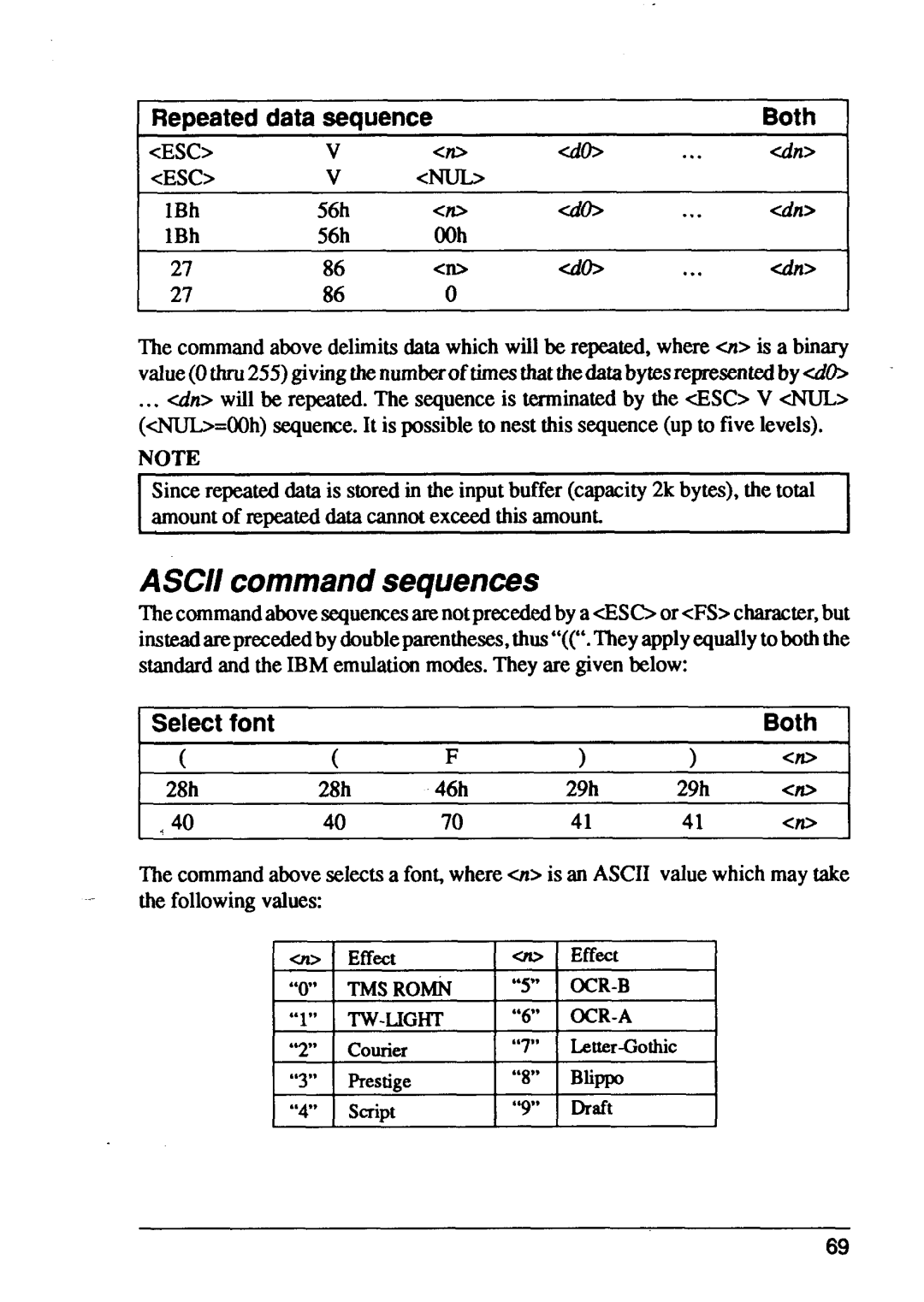 Star Micronics XB24-15, XB24-10 user manual Ascii command sequences, Repeated data sequence Both, ESC Nuld 