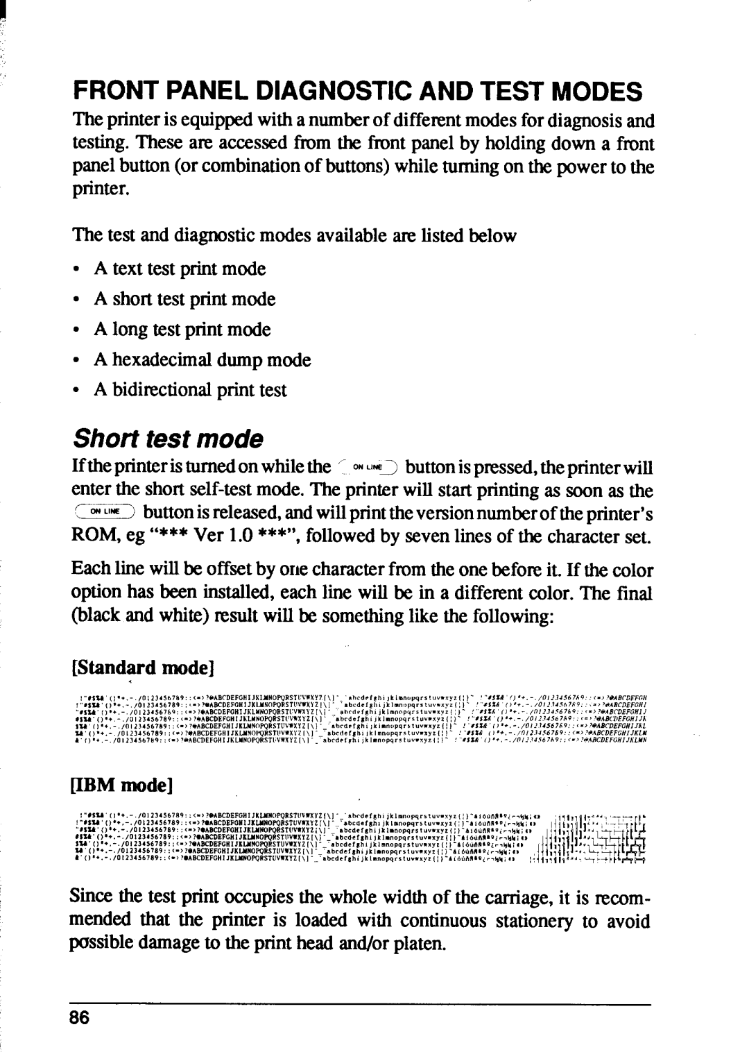 Star Micronics XB24-10, XB24-15 user manual Front Panel Diagnostic and Test Modes, Short test mode 