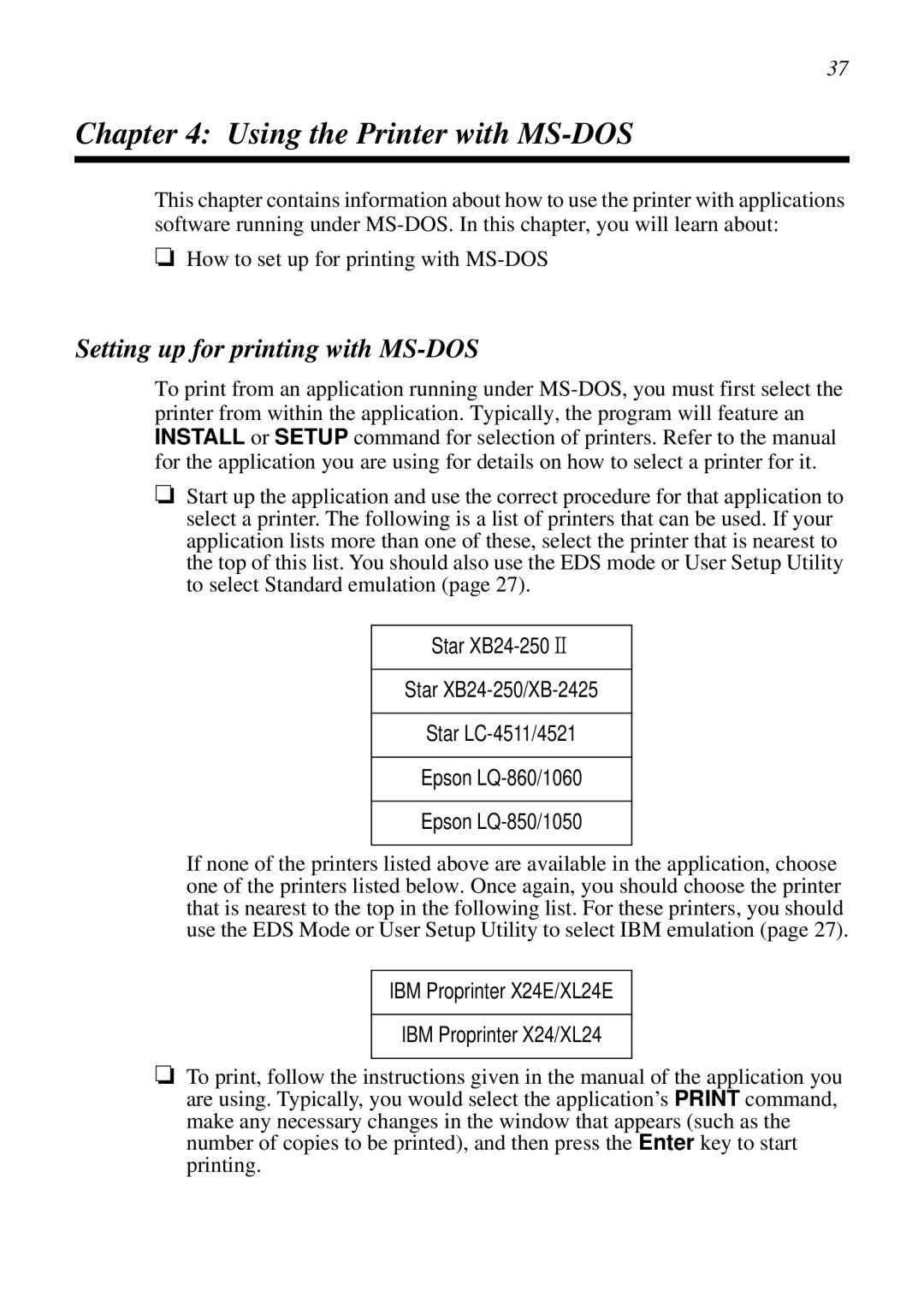 Star Micronics XB24-250 II user manual Using the Printer with MS-DOS, Setting up for printing with MS-DOS 