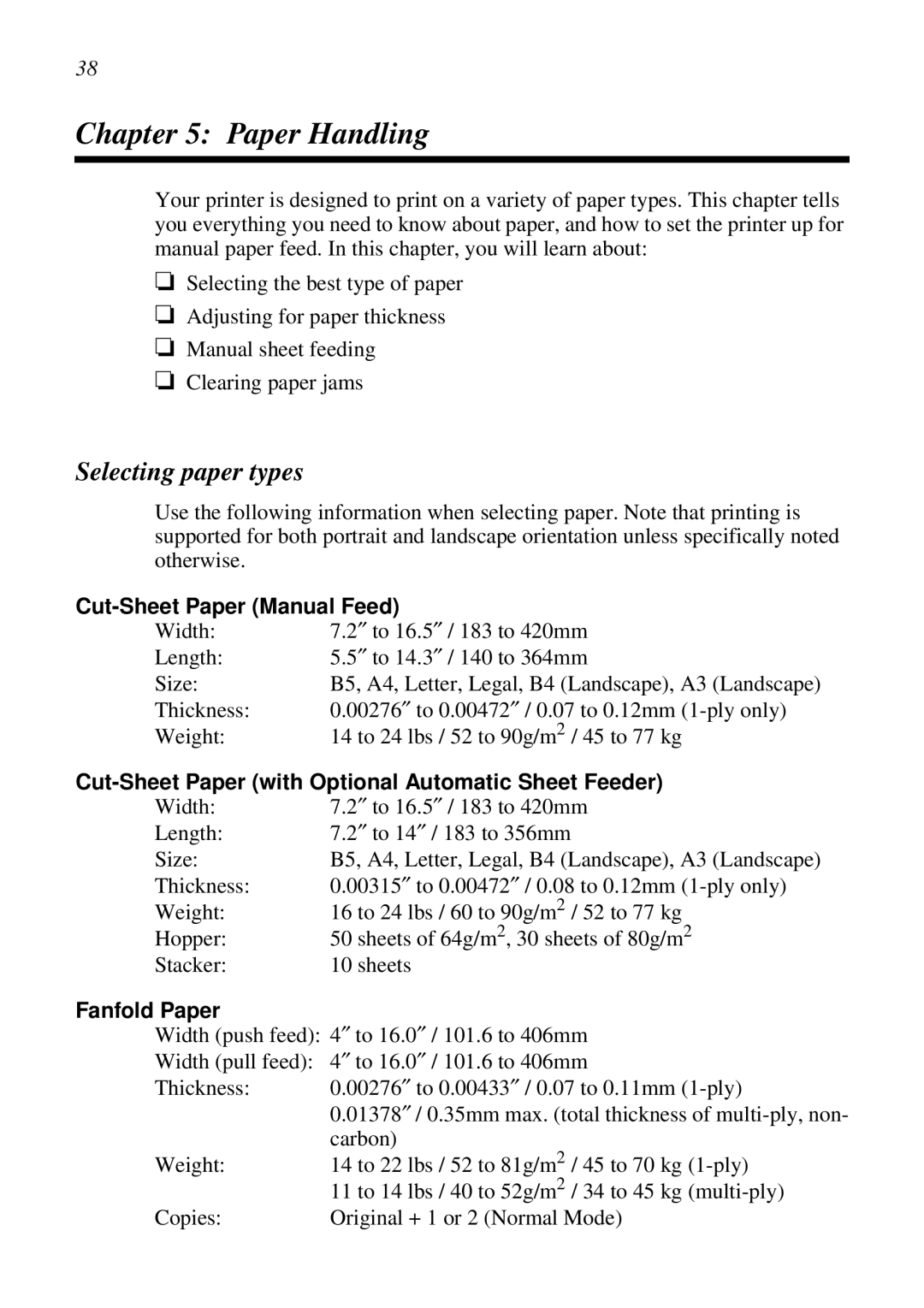 Star Micronics XB24-250 II user manual Paper Handling, Selecting paper types, Cut-Sheet Paper Manual Feed, Fanfold Paper 