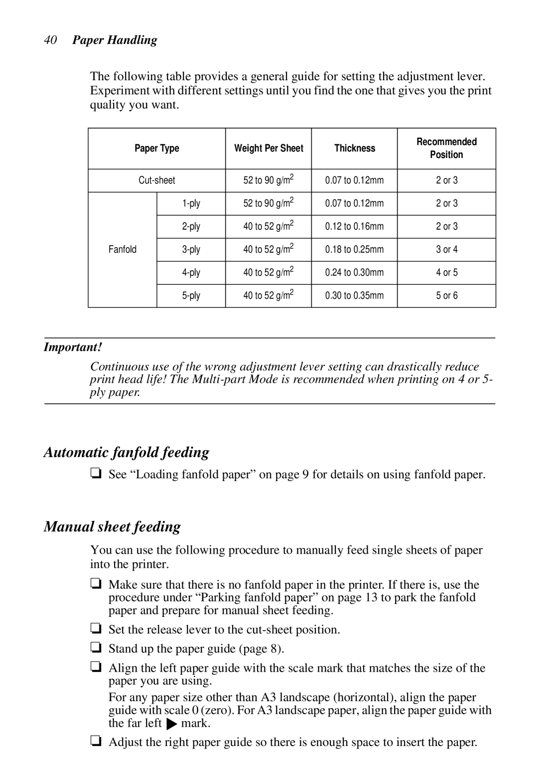 Star Micronics XB24-250 II user manual Automatic fanfold feeding, Manual sheet feeding, Paper Handling 