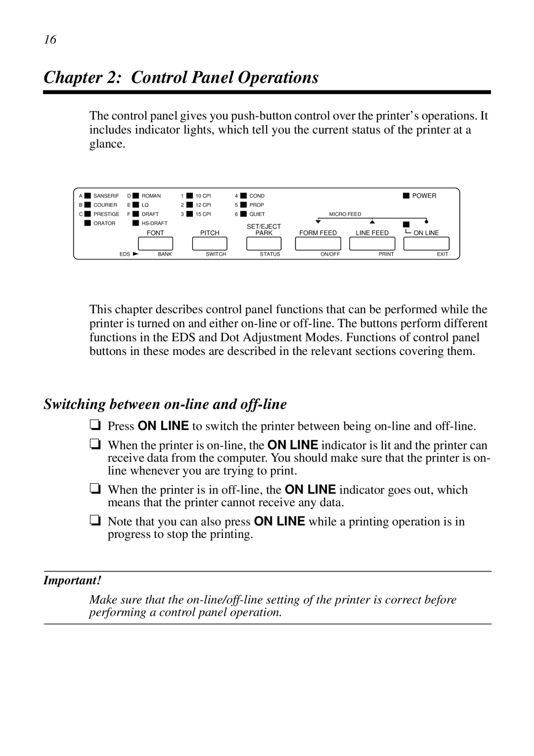 Star Micronics XB24-250 II user manual Control Panel Operations, Switching between on-line and off-line 