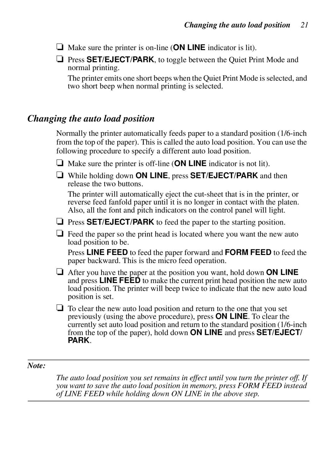 Star Micronics XB24-250 II user manual Changing the auto load position 