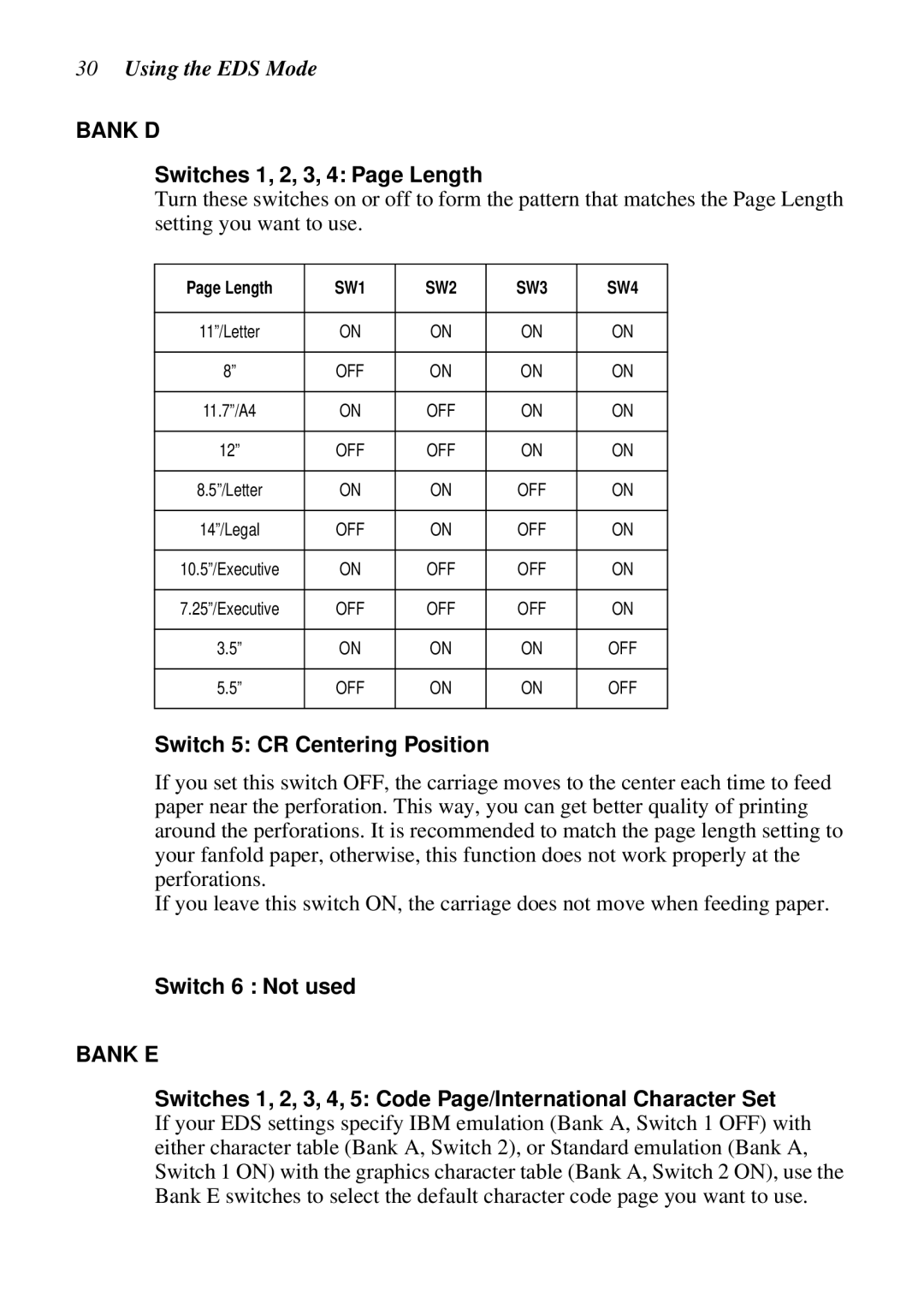 Star Micronics XB24-250 II user manual Switches 1, 2, 3, 4 Page Length, Switch 5 CR Centering Position, Switch 6 Not used 