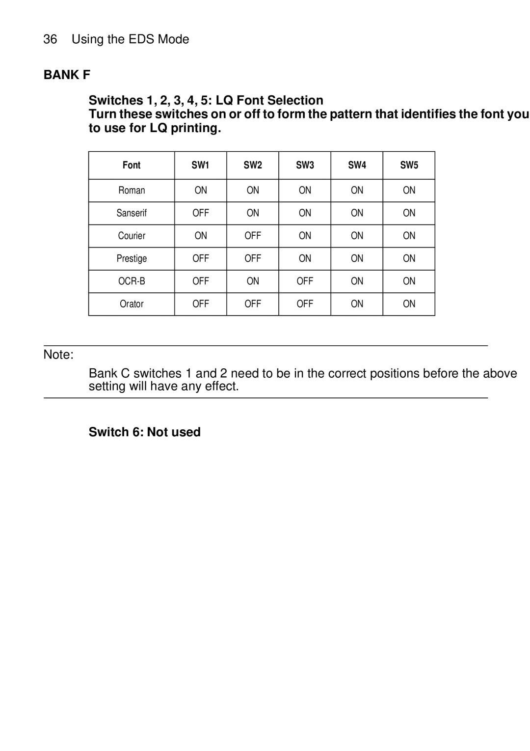 Star Micronics XB24-250 II user manual Bank F, Switches 1, 2, 3, 4, 5 LQ Font Selection 