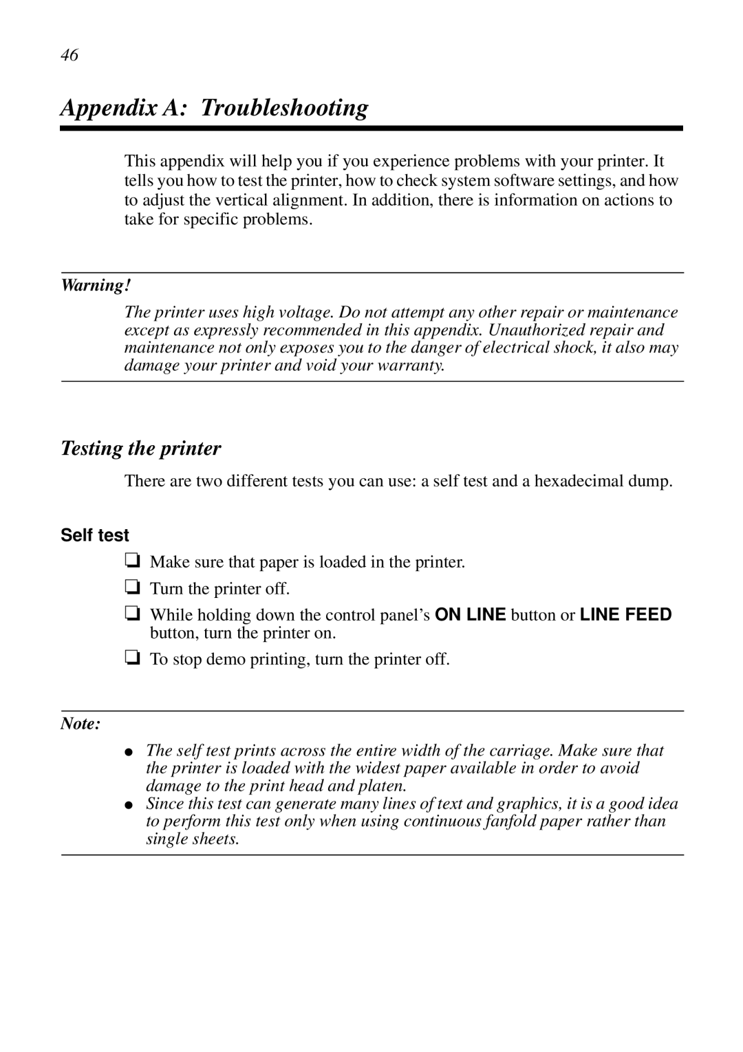 Star Micronics XB24-250 II user manual Appendix a Troubleshooting, Testing the printer, Self test 