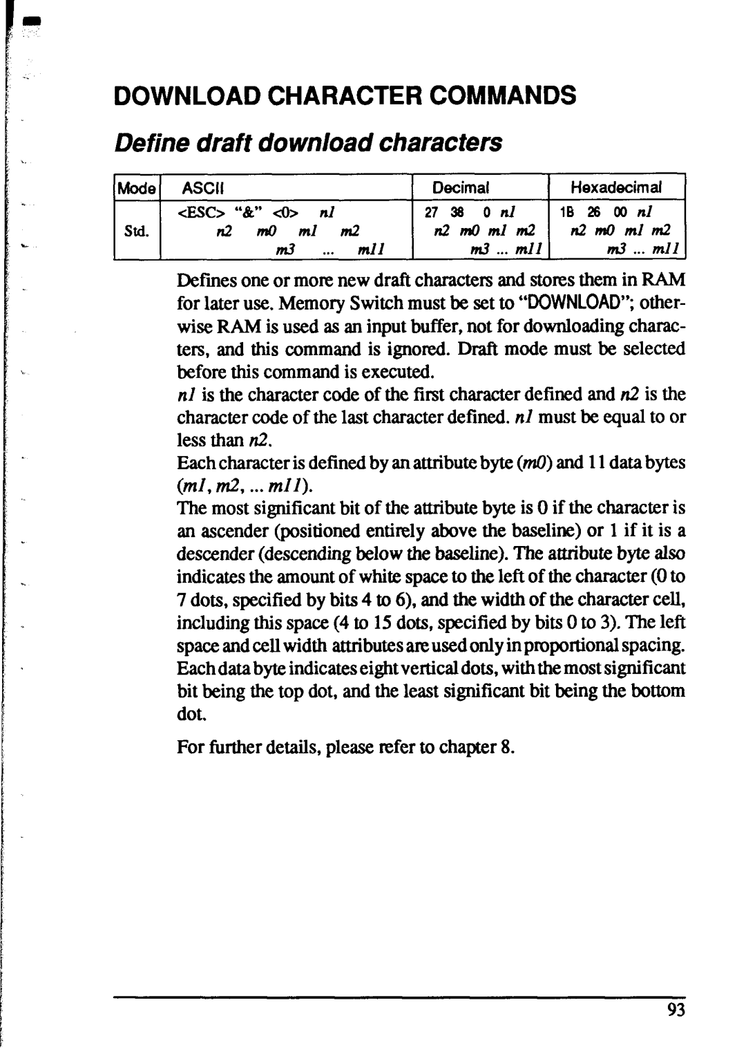 Star Micronics XR-1520, XR-1020 manual Define draft download characters, Download Character Commands 