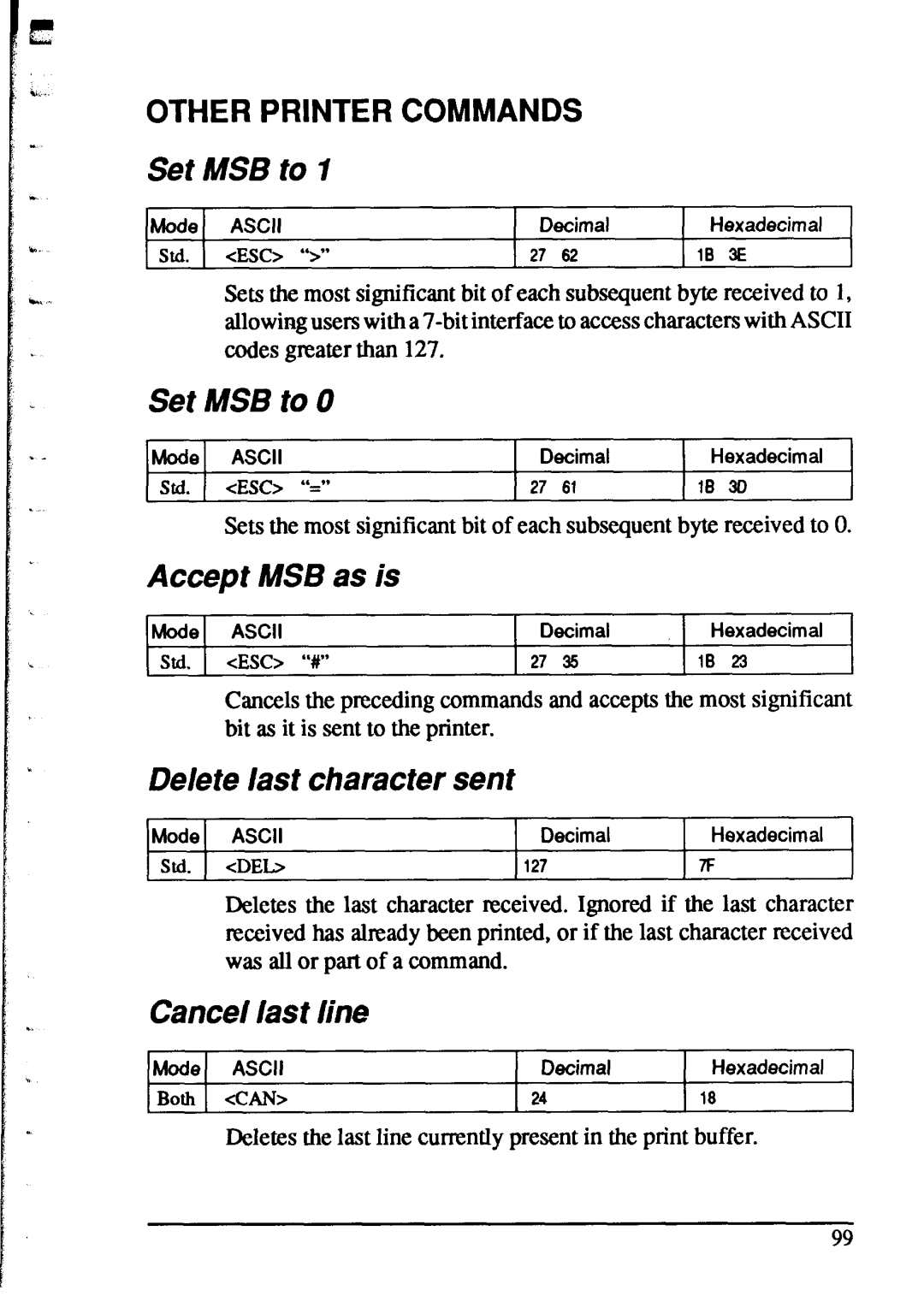 Star Micronics XR-1520 Set MSB to, Accept MSB as is, Delete last character sent, Cancel last line, Other Printer Commands 