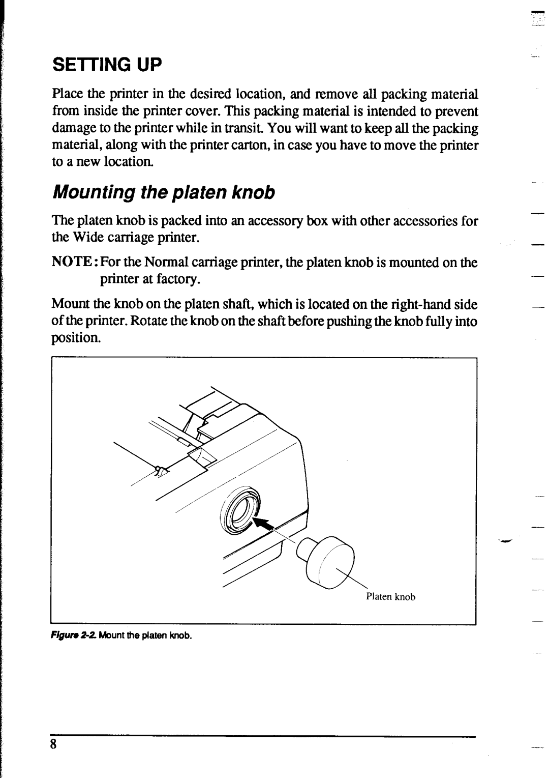 Star Micronics XR-1020, XR-1520 manual Setting UP, Mounting the platen knob 