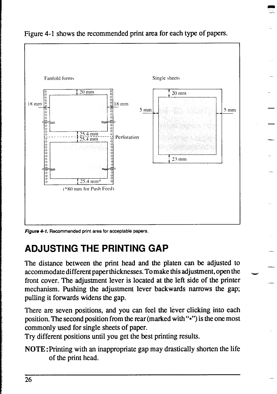 Star Micronics XR-1020, XR-1520 manual Adjusting the Printing GAP, Shows the recommended print area for each type of papers 