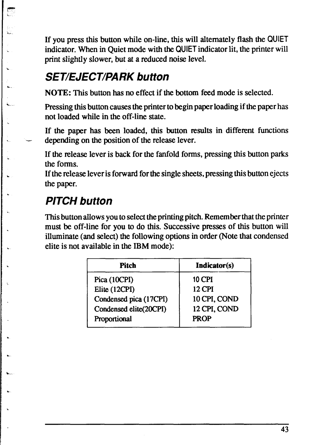 Star Micronics XR-1520, XR-1020 manual SET/EJECT/PARK button, Pitch button 