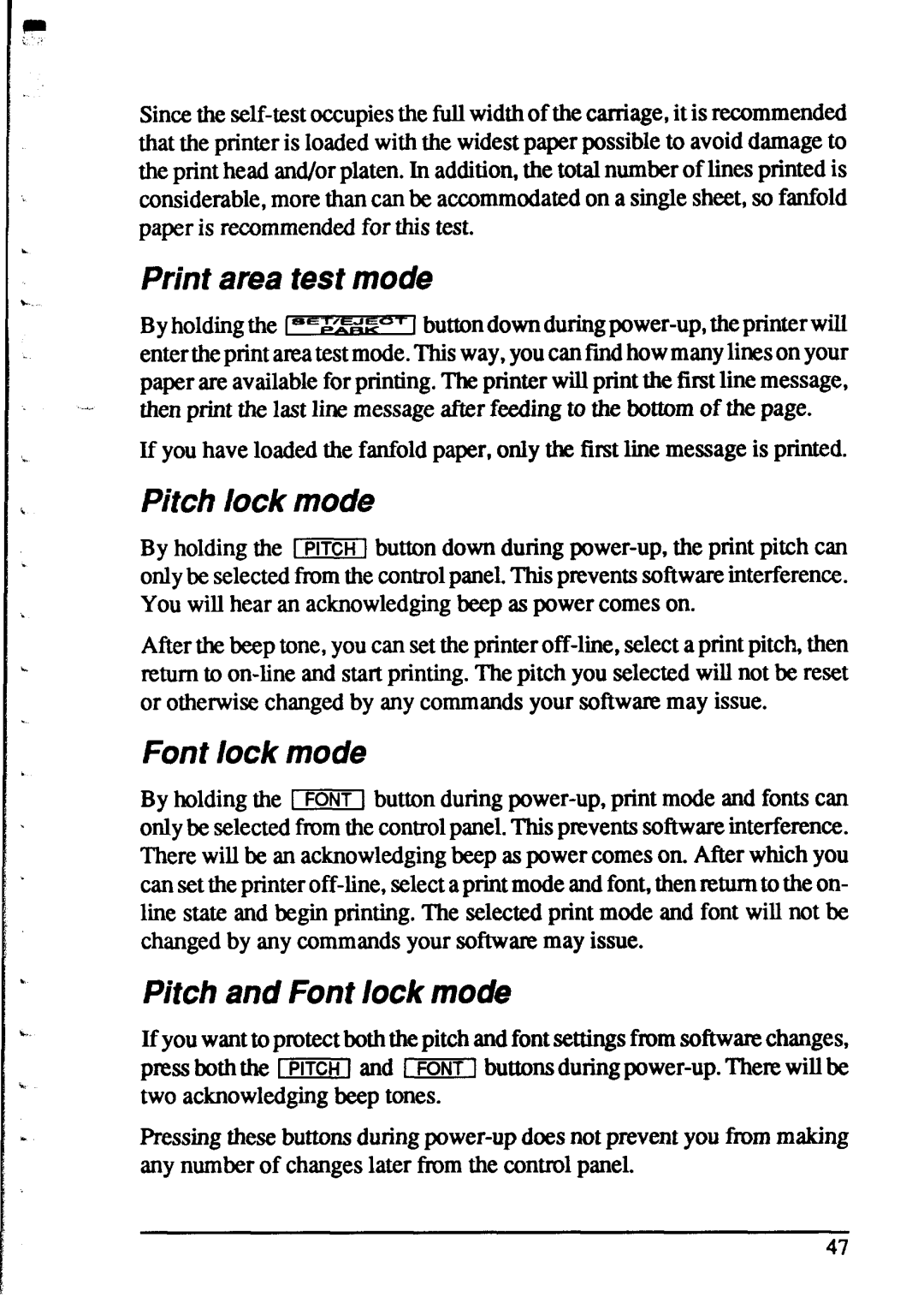 Star Micronics XR-1520, XR-1020 manual Print area test mode, Pitch lock mode, Pitch and Font lock mode 