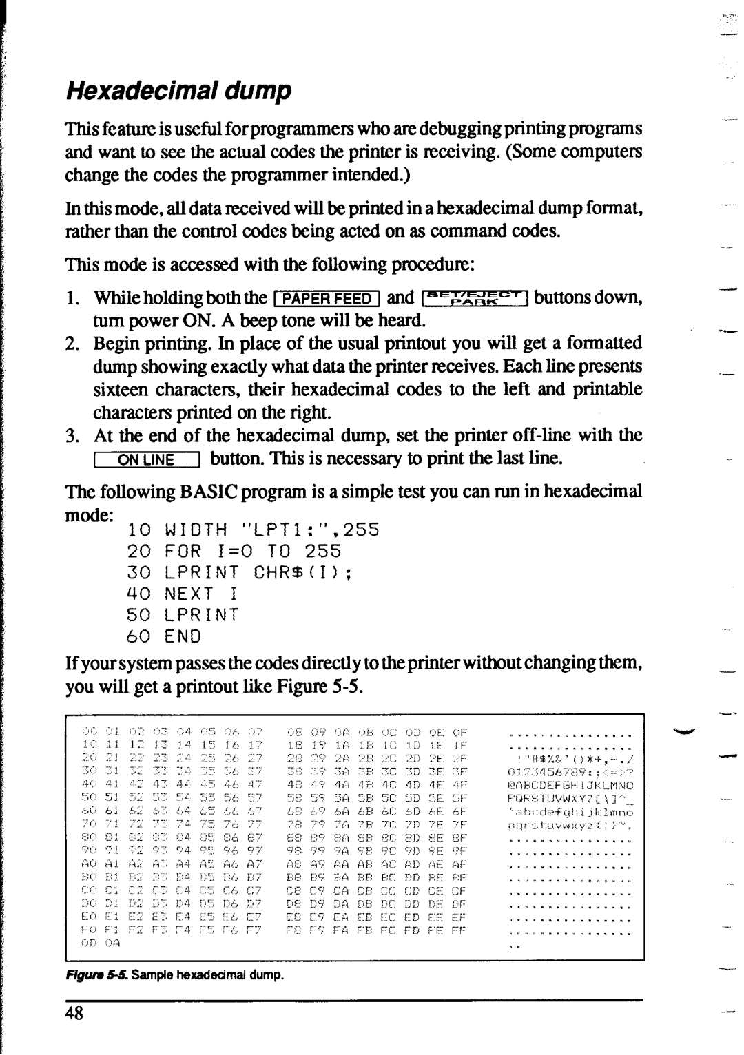 Star Micronics XR-1020, XR-1520 manual Hexadecimal dump, Figurn 5-S Samplehexadecimaldump 