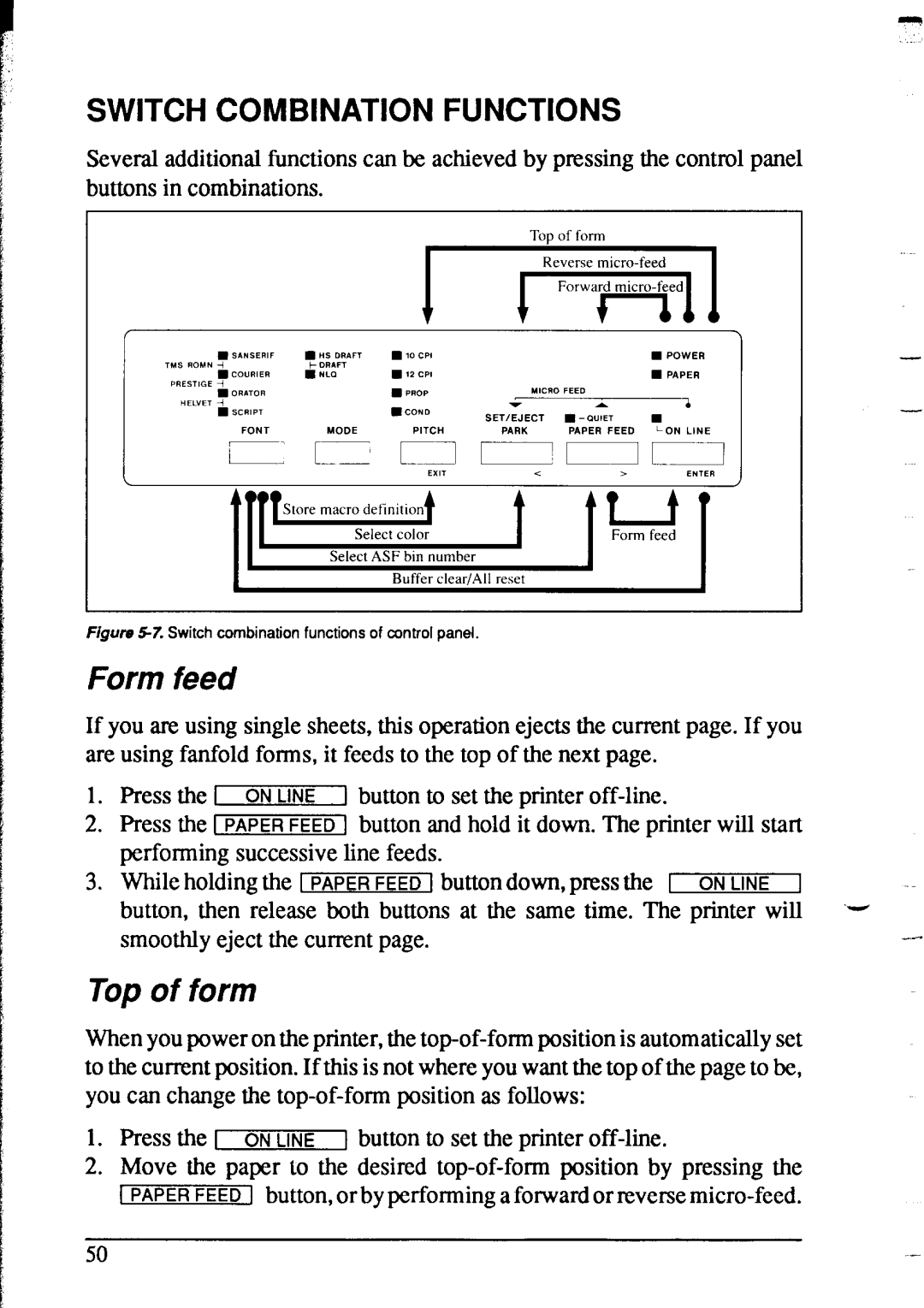 Star Micronics XR-1020, XR-1520 manual Top of form, Switch Combination Functions 