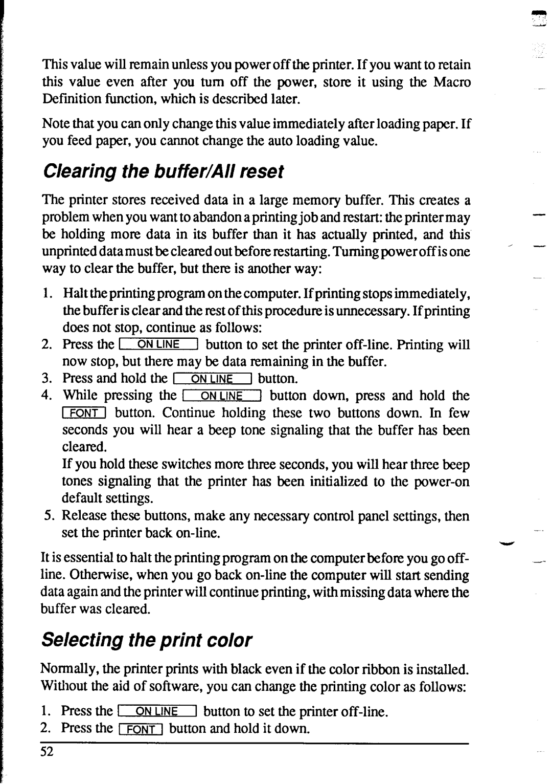 Star Micronics XR-1020, XR-1520 manual Clearing the buffer/AI/ reset, Selecting the print color 