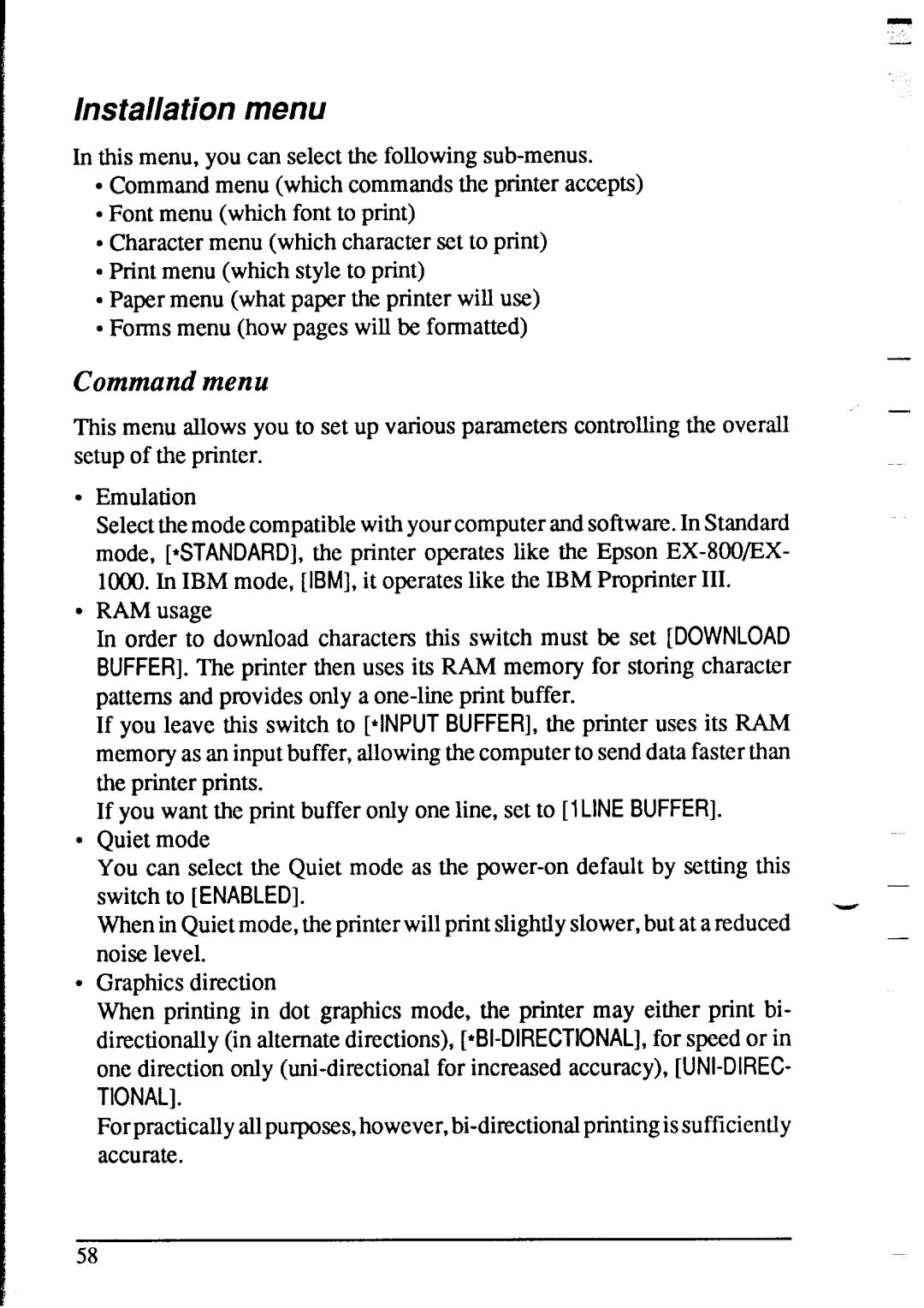 Star Micronics XR-1020, XR-1520 manual Installation menu, Command menu 