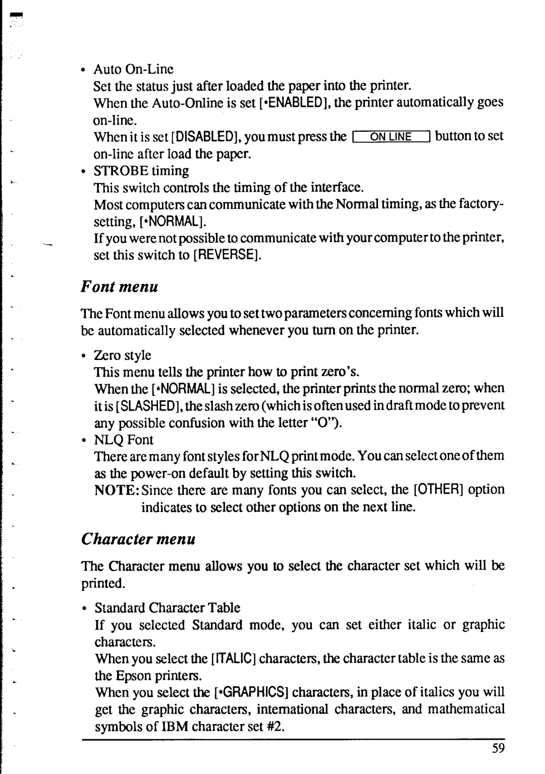 Star Micronics XR-1520, XR-1020 manual Font menu 