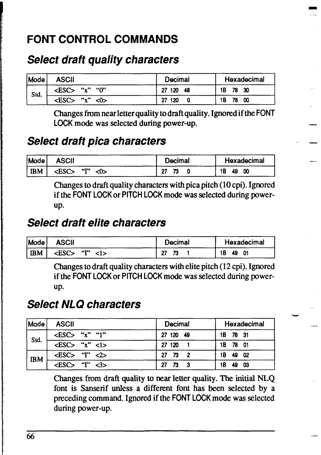 Star Micronics XR-1020, XR-1520 manual Select draft pica characters, Select draft elite characters, Select NL Q characters 