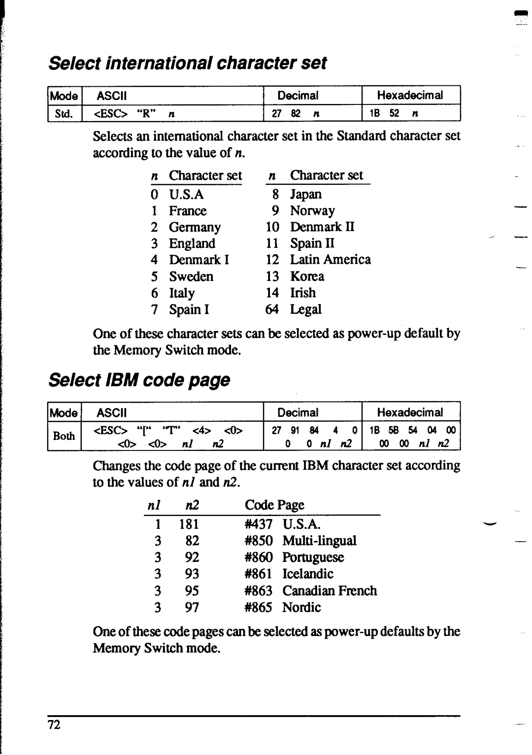 Star Micronics XR-1020, XR-1520 manual Select international Character set, Select IBM code 