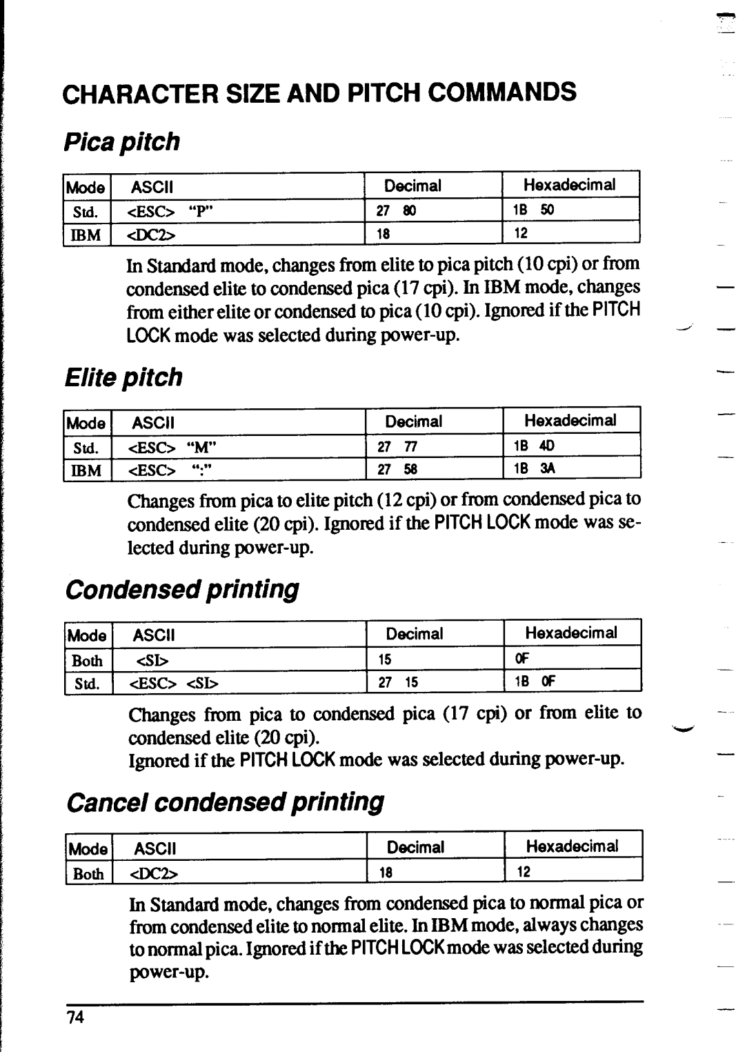 Star Micronics XR-1020, XR-1520 manual Pica pitch, Elite pitch, Condensed printing, Cancel condensed printing 