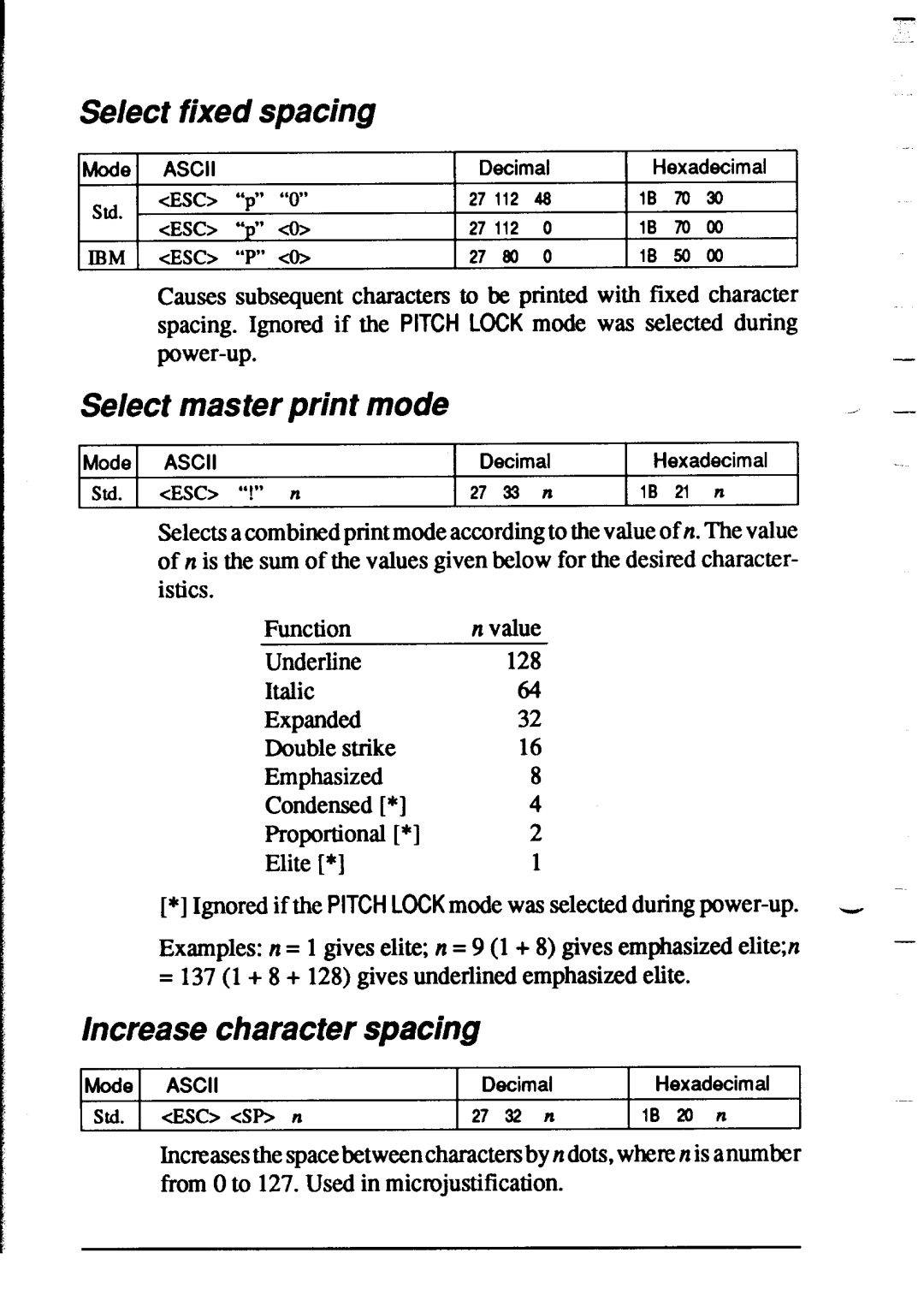 Star Micronics XR-1020, XR-1520 manual Select fixed spacing, Select master print mode, Increase character spacing 