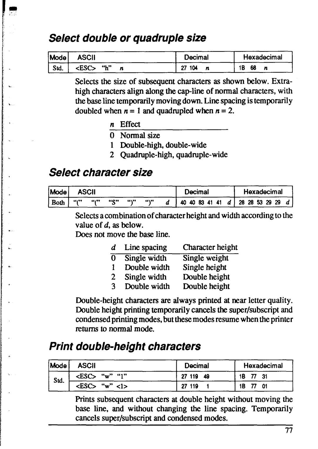 Star Micronics XR-1520, XR-1020 Select double or quadruple size, Select character size, Print double-height characters 