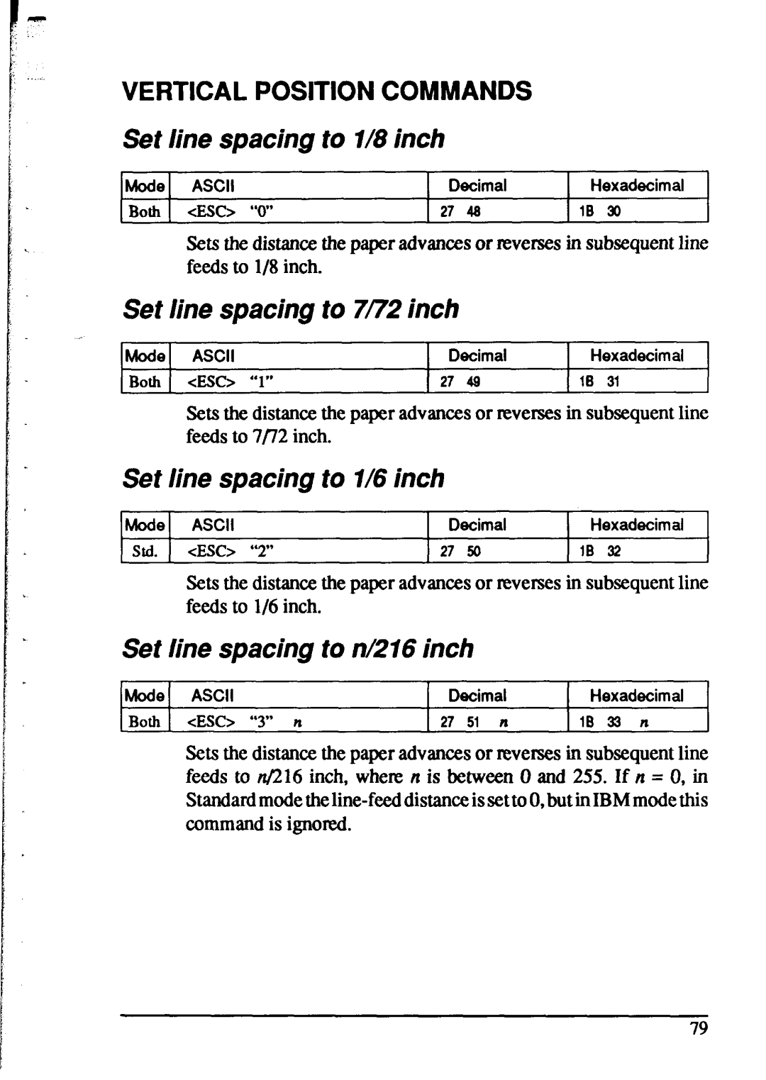 Star Micronics XR-1520, XR-1020 Set line spacing to l/8 inch, Set line spacing to 7/72 inch, Set line spacing to l/6 inch 