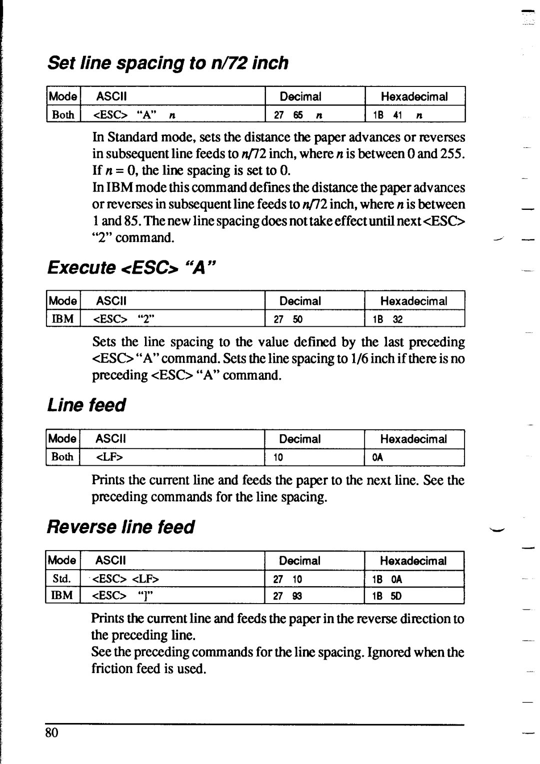 Star Micronics XR-1020, XR-1520 manual Set line spacing to nfl2 inch, Execute ES6, Line feed, Reverse line feed 