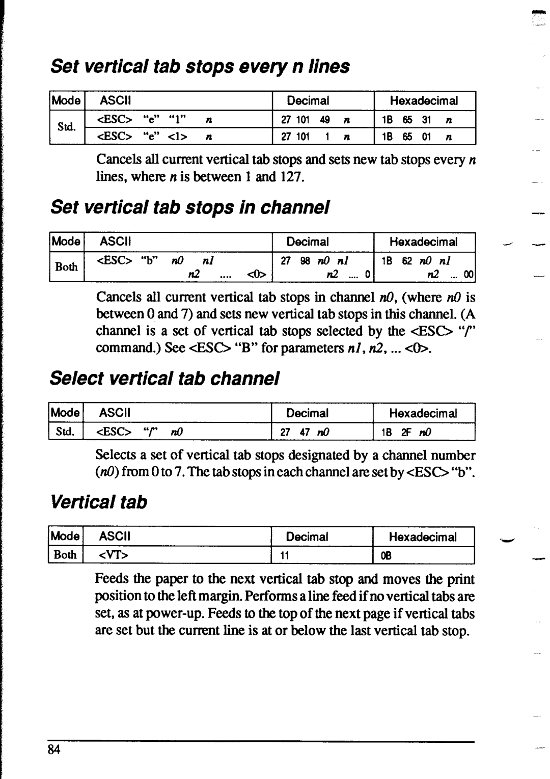 Star Micronics XR-1020, XR-1520 manual Set vertical tab stops every n lines, Select vertical tab channel, Vertical tab 