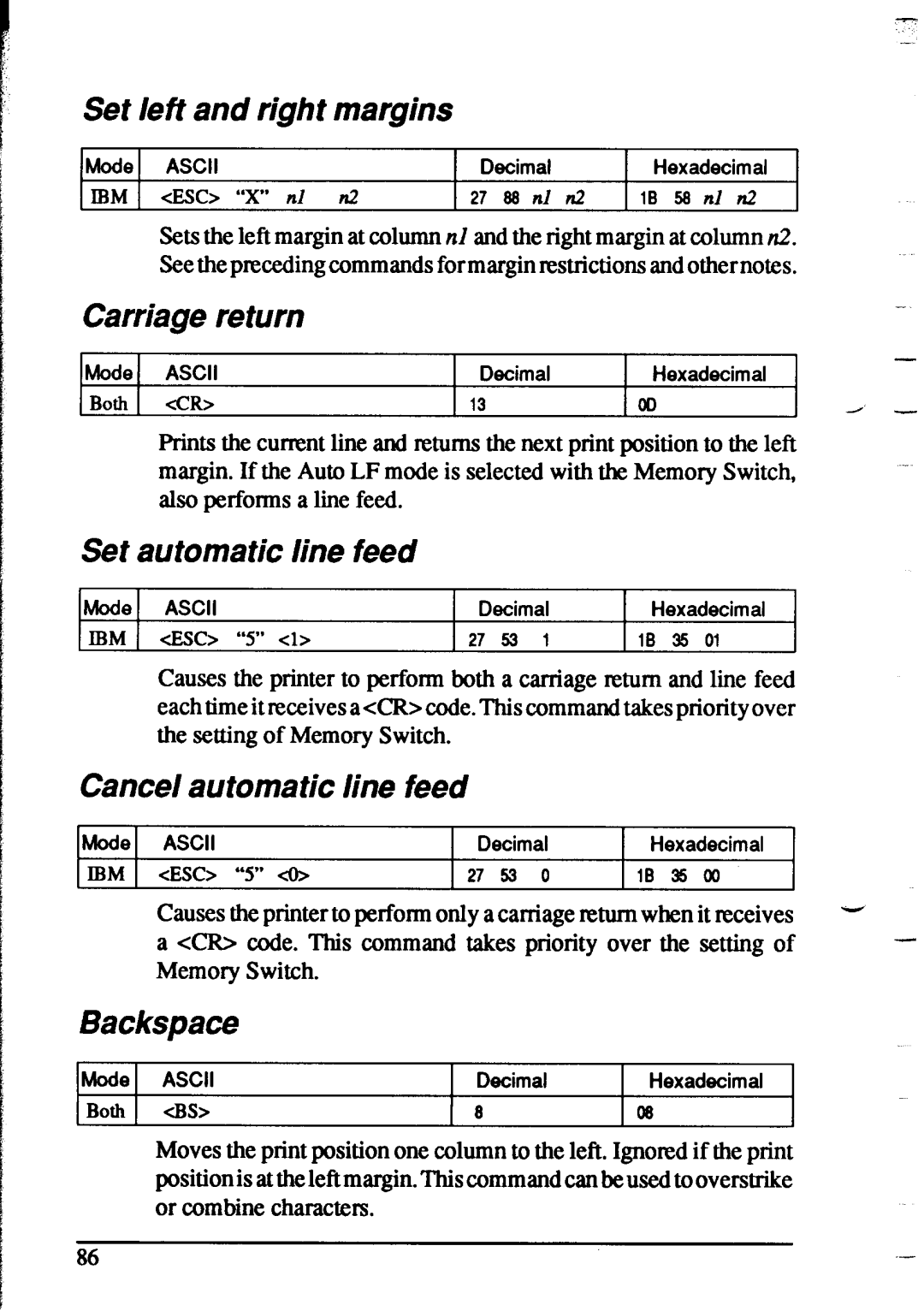 Star Micronics XR-1020 Set left and right margins, Carriage return, Set automatic line feed, Cancel automatic line feed 