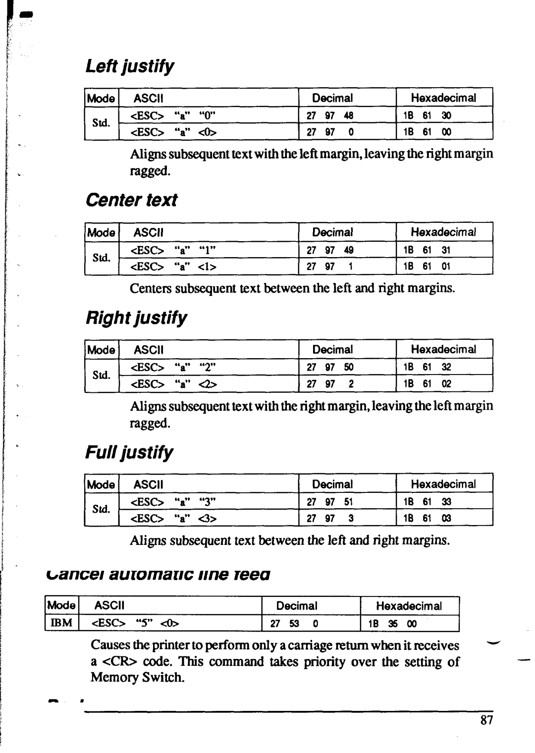 Star Micronics XR-1520, XR-1020 manual Left justify, Center text, Right justify, Full justify 