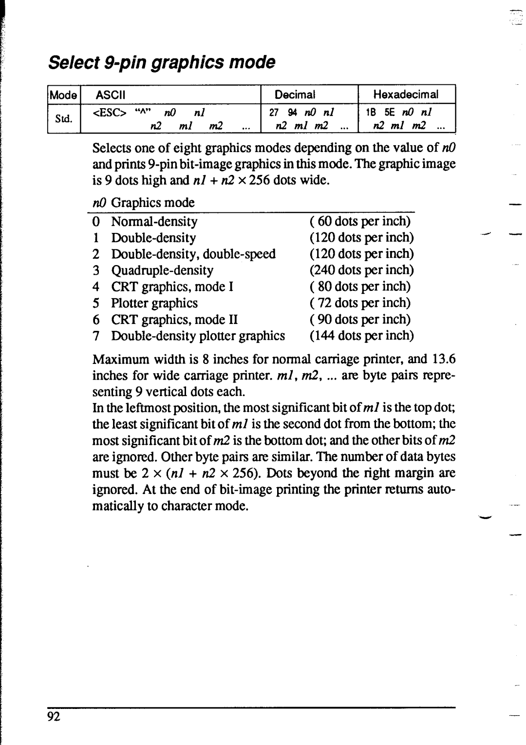 Star Micronics XR-1020, XR-1520 manual Select g-pin graphics mode 