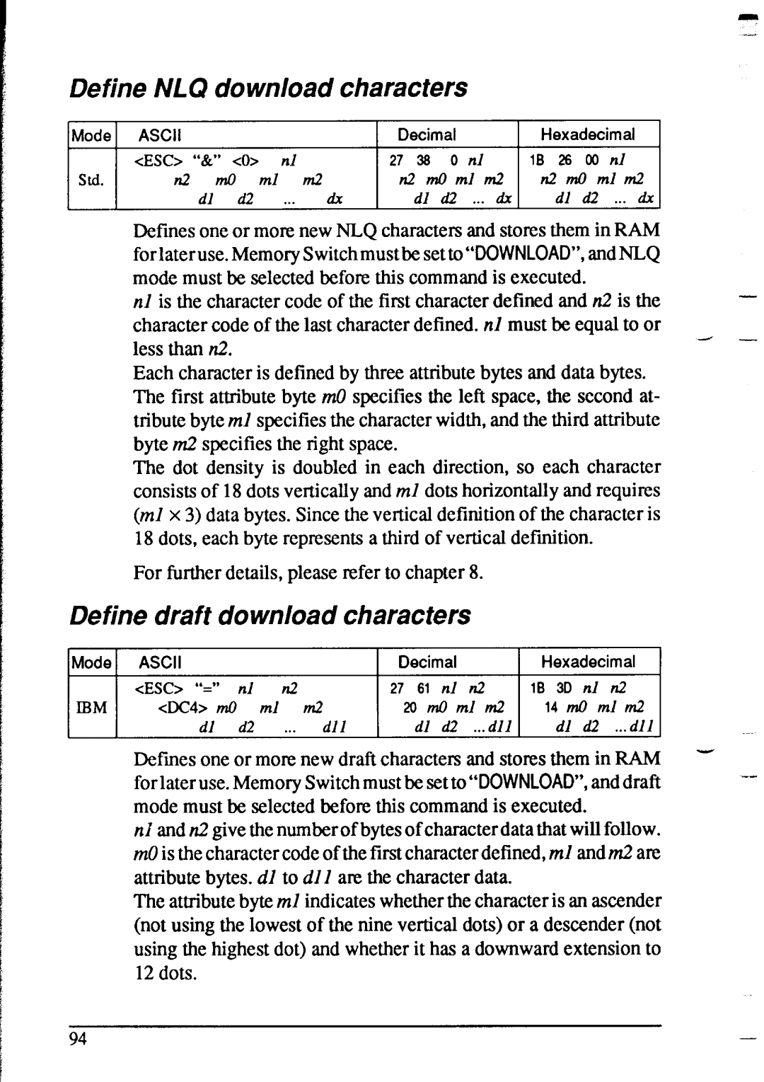 Star Micronics XR-1020, XR-1520 Define NLQ download characters, Define draft download characters, 10 3D, cDC4 m0, 14 m0 