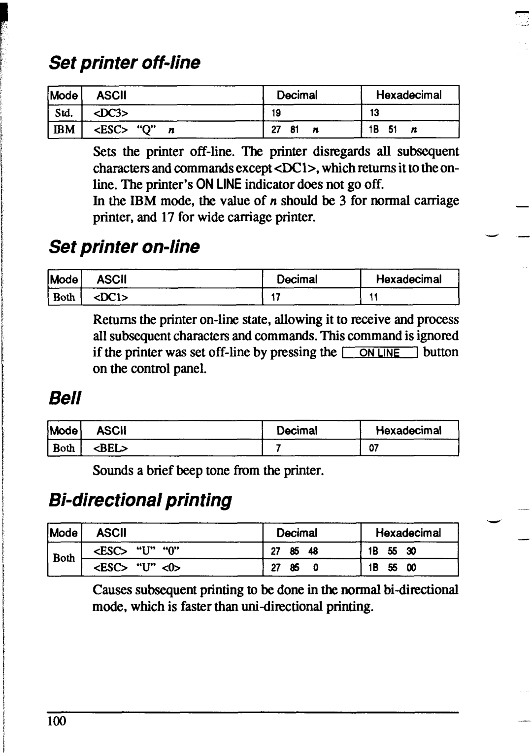 Star Micronics XR-1020, XR-1520 manual Set printer off-line, Set printer on-line, Bell, Bi-directional printing 