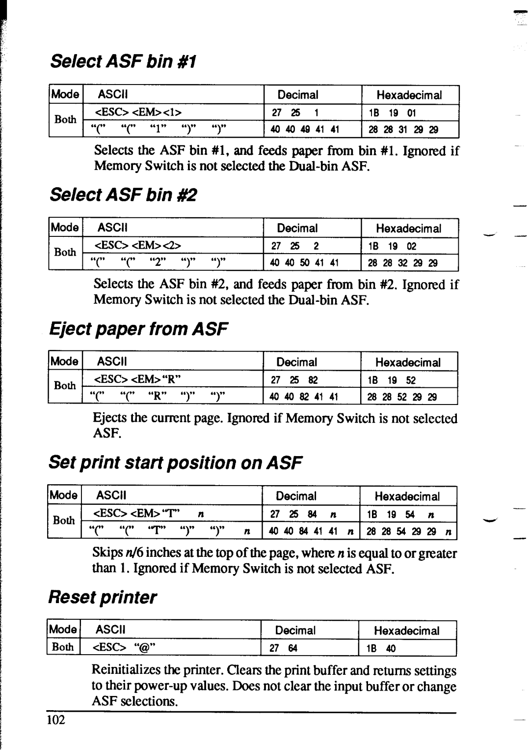 Star Micronics XR-1020 manual Select ASF bin #1, Select ASF bin #2, Eject paper from ASF, Set print start position on ASF 