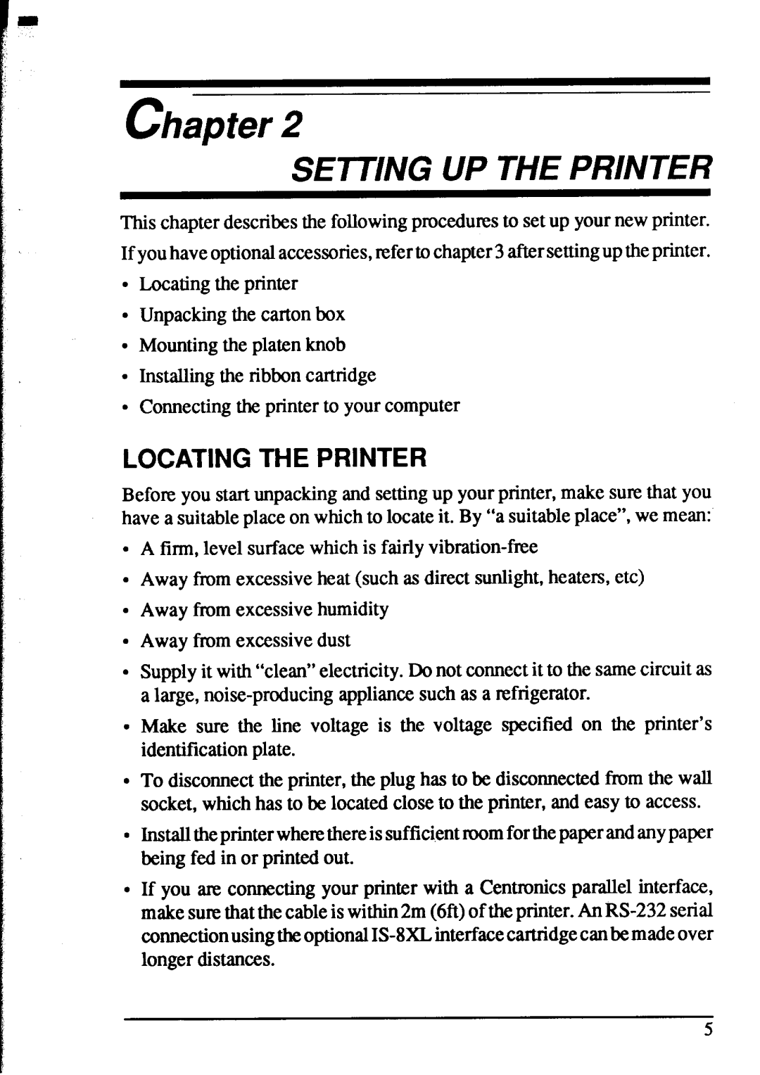 Star Micronics XR-1520, XR-1020 manual chapter, Setting Up The Printer, Locating The Printer 