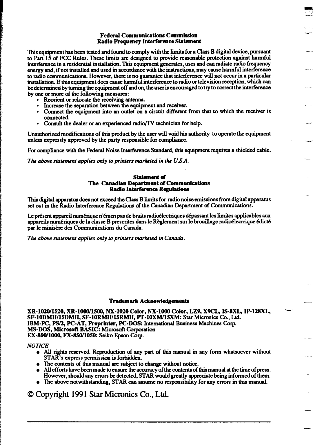 Star Micronics XR-1020 Federal CommunicationsCommission, Tk above statement applies only to printers markted in tk USA 